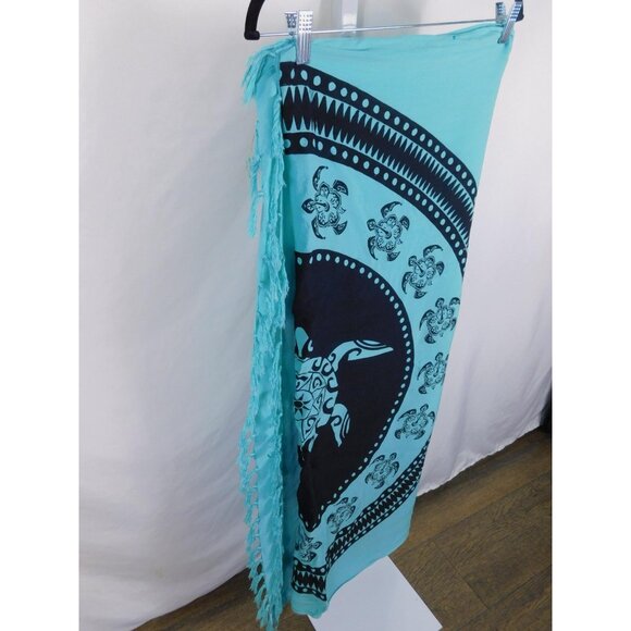 Maya Pareos Sarong Womens One Size Turquoise Black Sea Turtle Beach Rayon Fringe - Picture 5 of 11